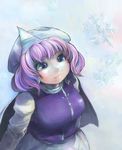  apron bad_id bad_pixiv_id blue_eyes blush breasts brooch cape from_above gradient gradient_background hat ichiba_youichi jewelry large_breasts lavender_hair letty_whiterock long_sleeves looking_away looking_up mob_cap multicolored_hair short_hair smile snowflakes solo touhou upper_body vest waist_apron 