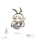  :3 anchor arms_up bad_id bad_pixiv_id blonde_hair chibi elbow_gloves flying_sweatdrops gloves hair_ornament highres kantai_collection legs_up long_hair shadow shimakaze_(kantai_collection) simple_background solo striped striped_legwear thighhighs translation_request white_background yuasan 