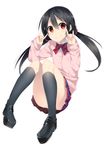  7zu7 \n/ black_hair bow cardigan double_\n/ full_body grin kneehighs loafers looking_at_viewer love_live! love_live!_school_idol_project low_twintails panties panty_peek red_eyes shoes simple_background skirt smile solo twintails underwear white_background yazawa_nico 