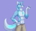  blue_fur blue_theme canine clothing fox fur male mammal pants solo tassy topless v_sign 