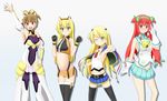  alternate_hairstyle animal_ears bell black_legwear blazblue blazblue:_chronophantasma blonde_hair blush boots breasts brown_hair capelet cosplay costume_switch cow_bell crop_top fake_animal_ears faulds flat_chest green_eyes grin hair_tubes hairband hairpods heart heart-shaped_pupils highleg highleg_panties highres izayoi_(blazblue) long_hair low-tied_long_hair magical_girl makoto_nanaya multiple_girls noel_vermillion one_eye_closed panties pantyhose platinum_the_trinity red_eyes red_hair sideboob skirt smile squirrel_ears symbol-shaped_pupils thigh_boots thighhighs tsubaki_yayoi underwear waving 