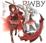  2girls black_hair blue_eyes cape coat long_hair medium_hair multiple_girls ponytail red_eyes ruby_rose rwby school_uniform scythe short_hair skirt snow sword weapon weapons weiss_schnee white_hair 