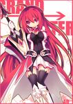  armor armored_dress bad_id bad_pixiv_id black_legwear boots breasts elesis_(elsword) elsword full_body gloves grand_master_(elsword) half_updo knee_boots large_breasts long_hair no_nose red_eyes red_hair skirt smile solo sword thighhighs utm weapon white_skirt 