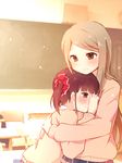  black_hair blonde_hair blush couple hug light_smile minami_shizuku multiple_girls noda_kotone sakura_trick school_uniform sunlight sweater tarabagani yuri 