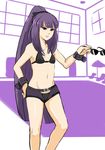  absurdres amanohokosaka_mei bikini_top eyewear_removed flat_chest hair_ribbon hand_on_hip highres long_hair purple_eyes purple_hair red_seiryu ribbon short_shorts shorts sunglasses very_long_hair wrist_straps xblaze xblaze_code:_embryo 