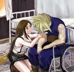  1boy 1girl bed belt blonde_hair cloud_strife final_fantasy final_fantasy_vii hospital_bed limp long_hair okurapuchi skirt spoon suspenders tifa_lockhart wheelchair 