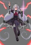  absurdly_long_hair ahoge cravat dress flat_chest glowing hairpods huge_ahoge jitome long_hair mary_janes neon_trim pantyhose red_eyes red_seiryu robot_ears shoes silver_hair solo twintails under_night_in-birth vatista very_long_hair wide_sleeves 