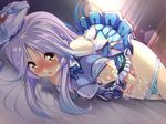  1girl aozora_stripe bare_shoulders bed blush breast_grab breast_slip breasts brown_eyes female_ejaculation fingering game_cg grabbing hat long_hair masturbation mizutani_sumire one_breast_out open_mouth panties panty_pull piromizu purple_hair solo underwear window 