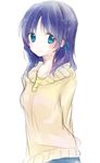  arms_behind_back blue_eyes blue_hair collarbone hiradaira_chisaki long_hair looking_at_viewer miyama_rikka nagi_no_asukara simple_background smile solo standing sweater white_background 