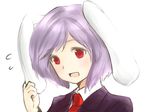  animal_ears bunny_ears ear_tug flying_sweatdrops lavender_hair looking_at_viewer nagata_nagato necktie open_mouth red_eyes reisen short_hair simple_background solo suit_jacket touhou upper_body white_background 