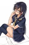  black_hair brown_eyes glasses kazeno long_hair looking_up original school_uniform solo thighhighs 