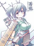  arrow blue_eyes blue_hair blush bow_(weapon) breasts gloves japanese_clothes kantai_collection kibushi large_breasts looking_at_viewer quiver short_hair smile solo souryuu_(kantai_collection) translated twintails weapon 