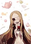  berry blonde_hair choker closed_eyes cup dress eyepatch flower food gwayo long_hair macaron rose saucer solo spoon spoon_in_mouth sugar_cube teacup teapot unlight 