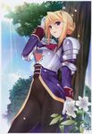  absurdres adjusting_hair armor black_legwear blonde_hair blue_eyes breastplate flower gloves highres komori_kei lens_flare long_sleeves pants pauldrons princess_lover short_hair silvia_van_hossen solo tree white_gloves 