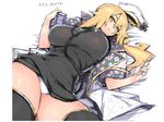  angelo_(gomahangetsu) black_legwear blonde_hair blush book breasts breasts_apart dress green_eyes hat hat_removed headwear_removed large_breasts looking_at_viewer luis_almeida_(sengoku_bushouki_muramasa) lying on_back panties pantyshot pantyshot_(lying) scalpel sengoku_bushouki_muramasa solo thighhighs underwear white_panties 