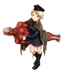  anatomical_model anbe_yoshirou blonde_hair blue_eyes boots from_above full_body gloves hat highres maurice_merleau-ponty parted_lips short_hair simple_background solo tetsugaku_girls white_background white_gloves 