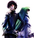  1girl ashford_academy_uniform ass belt black_hair c.c. code_geass collar_tug geass glowing glowing_eyes green_hair hand_on_hip heterochromia lelouch_lamperouge long_hair long_sleeves looking_back purple_eyes red_eyes school_uniform smile straitjacket yellow_eyes yk-kz 