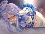  1girl aozora_stripe bare_shoulders bed blush breast_grab breast_slip breasts brown_eyes eyes_closed female_ejaculation fingering game_cg grabbing hat long_hair masturbation mizutani_sumire one_breast_out panties panty_pull piromizu purple_hair solo underwear window 