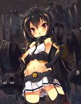  bare_shoulders black_hair blush breasts chestnut_mouth elbow_gloves fingerless_gloves garter_straps gloves groin hands_on_hips headgear kantai_collection long_hair looking_at_viewer mayuzaki_yuu nagato_(kantai_collection) navel open_mouth red_eyes skirt small_breasts solo thighhighs younger zettai_ryouiki 