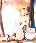  :&gt; animal_ears bare_shoulders blonde_hair blush breasts cat cat_ears choker cleavage elbow_gloves gloves hair_ribbon highres huatu_jiang large_breasts original petals red_eyes ribbon ribbon_choker sitting smile solo thighhighs v_arms white_gloves white_legwear 