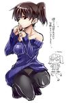  bad_id bad_pixiv_id bare_shoulders black_legwear breasts brown_hair highres kaga_(kantai_collection) kantai_collection kneeling large_breasts multiple_girls panties panties_under_pantyhose pantyhose ryuujou_(kantai_collection) short_hair simple_background sweater tokita_monta translation_request underwear white_background 