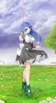  absurdres blue_hair breasts cloud cloudy_sky day dress field fighting_stance flower full_body hair_ornament hairclip highres large_breasts lens_flare long_hair mitonoya_saki nanashi_(futaba) petticoat pumps red_eyes sky solo sword vanguard_princess weapon wind 