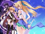  alicia_testarossa blonde_hair blush breasts fate_testarossa hair_ribbon kouzuki_hajime long_hair lyrical_nanoha mahou_shoujo_lyrical_nanoha_innocent multiple_girls open_mouth precia_testarossa red_eyes ribbon skirt small_breasts smile sword umbrella weapon 