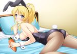  animal_ears ayase_eli bangs bed blonde_hair blue_eyes blush breasts bunny_ears bunny_tail bunnysuit carrot finger_to_mouth fishnet_pantyhose fishnets large_breasts leotard looking_at_viewer looking_back love_live! love_live!_school_idol_project lying narutaki_shin on_stomach pantyhose pillow ponytail scrunchie solo tail white_scrunchie wrist_cuffs 