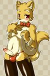  ?? anthro black_nose blush bow canine checkered_background cub erection fur humanoid_penis kaitou legwear looking_at_viewer male mammal navel penis red_eyes solo standing stockings uncut yellow_fur young 