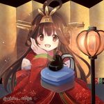  ahoge folding_screen hairband hand_on_own_cheek hina_ningyou hinamatsuri japanese_clothes kantai_collection kimono kongou_(kantai_collection) long_hair looking_at_viewer open_mouth saishi serino_itsuki smile solo twitter_username 