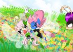  angry antennae anthro anthrofied arthropod bag blue_eyes blush breezie butterfly clothing cloud eyes_closed female flower fluttershy_(mlp) flying friendship_is_magic grass hair hairpin insect male my_little_pony outside pink_hair pollen purple_hair seabreeze_(mlp) shorts sky sweat thegreatrouge two_tone_hair 