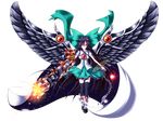  alternate_weapon arm_cannon black_hair black_wings boots bow cape chain cuffs hair_bow hair_ornament hairclip karakuri_neko_(tkfm) long_hair looking_at_viewer radiation_symbol red_eyes reiuji_utsuho shackles solo touhou weapon wings 