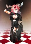 areola_slip areolae arm_up asmodeus_(the_seven_deadly_sins) breasts checkered checkered_floor cleavage covered_nipples detached_sleeves full_body gradient_hair green_eyes holding horns large_breasts long_hair multicolored_hair nishii_(nitroplus) pink_hair pointy_ears red_hair solo squatting the_seven_deadly_sins 