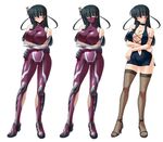  1girl alternate_costume armlet bare_shoulders black_hair blush bodysuit breasts brown_legwear character_sheet cleavage collarbone elbow_gloves erect_nipples feet female fishnets full_body gloves green_eyes hair_between_eyes halterneck hand_on_hip hands high_heels hips igawa_asagi jewelry kagami kagami_hirotaka large_breasts legs lilith-soft long_hair looking_at_viewer navel no_bra shiny shiny_clothes shoes simple_background skin_tight standing sword taimanin_asagi taimanin_asagi_2_inbo_no_tokyo_kingdom thighhighs thighs weapon white_background 