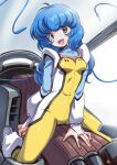  1girl blue_eyes blue_hair bodysuit boots bridal_gauntlets choujikuu_seiki_orguss cockpit emaan highres long_hair looking_at_viewer maaie mercy_rabbit open_mouth pilot_suit prehensile_hair sitting smile solo straddling thighs white_footwear yellow_bodysuit 