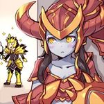  1girl armor around_corner black_hair blue_skin blush jarvan_lightshield_iv league_of_legends lowres momoko_(momopoco) shyvana sparkle 