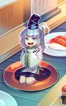  blue_eyes blush conveyor_belt_sushi dish dress food grey_hair hands_in_opposite_sleeves hat japanese_clothes long_hair long_sleeves minigirl mononobe_no_futo nigirizushi open_mouth ponytail seiza sitting smile solo soy_sauce string sushi tate_eboshi touhou wide_sleeves zounose 