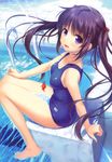  1girl absurdres alpha alpha_(yukai_na_nakamatachi) arm_support bare_legs bare_shoulders barefoot black_hair blue_eyes cover cover_page feet from_above hair_bobbles hair_ornament highres long_hair one-piece_swimsuit original pool pool_ladder school_swimsuit sitting smile solo starting_block swimsuit swimsuits twintails water wet 