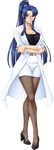  1girl belt bespectacled blue_hair breasts brown_legwear cleavage collarbone crossed_arms dress_shirt female full_body glasses high_heels kagami kagami_hirotaka labcoat large_breasts legs legs_crossed lilith-soft long_hair looking_at_viewer pantyhose ponytail red_eyes shiny shiny_clothes shiny_skin shirt shoes simple_background skirt solo standing taimanin_asagi taimanin_asagi_3 taimanin_murasaki thighs transparent_background yatsu_murasaki 