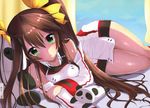  artist_request bare_shoulders blush brown_hair detached_sleeves dress green_eyes hair_ribbon highres huang_lingyin infinite_stratos long_hair lying on_side panda parted_lips ribbon solo stuffed_animal stuffed_panda stuffed_toy twintails 