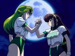  ayla_v_roznovsky battle_athletes blonde_hair blue_eyes breasts brown_hair buruma full_moon green_buruma hairband handshake kanzaki_akari large_breasts long_hair midriff moon multiple_girls navel night open_mouth orange_eyes outdoors shirt skindentation smile sweat white_shirt white_wristband wristband 