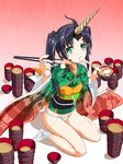  1girl background beelzebub_(the_seven_deadly_sins) blue_hair eating food green_eyes horn japanese_clothes kimono long_hair panties sitting socks tempura the_seven_deadly_sins thighs twintails underwear white_panties 