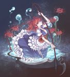  breasts cleavage flower hair_bobbles hair_ornament highres looking_at_viewer medium_breasts mumulatte onozuka_komachi pink_eyes red_hair scythe short_hair solo spider_lily touhou two_side_up 