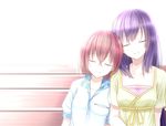  aoi_usagi_(marinebluerabbit) bench bloom brown_hair closed_eyes dress hokuto_(tokyo_ravens) leaning_on_person long_hair multiple_girls purple_hair ribbon short_hair sitting smile tokyo_ravens tsuchimikado_natsume 