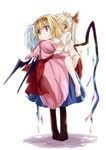  :&lt; absurdres alice_margatroid barefoot bat_wings blonde_hair blue_hair bow capelet carrying dress facing_away flandre_scarlet from_behind frown hair_bow hairband highres hug hug_from_behind lolita_hairband long_sleeves multiple_girls no_hat no_headwear no_shoes pantyhose piggyback puffy_short_sleeves puffy_sleeves red_eyes remilia_scarlet short_hair short_sleeves side_ponytail simple_background skirt skirt_set touhou waira white_background wings 