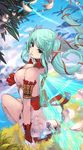  absurdres aqua_eyes aqua_hair armlet bare_shoulders bow breasts bridal_gauntlets cleavage cloud day divine_girls fairy hand_to_own_mouth highres large_breasts long_hair looking_at_viewer ocean petals pointy_ears qbspdl sitting sky solo wings 