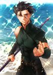  ahoge bad_id bad_pixiv_id black_hair fate/zero fate_(series) ima_(imanatu) lancer_(fate/zero) looking_at_viewer male_focus polearm solo sparkle spear weapon yellow_eyes 