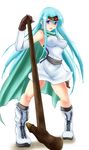  aqua_hair bad_id bad_pixiv_id boots breasts cape detached_sleeves dragon_quest dragon_quest_iii dress forehead_jewel gloves piyopiyomen purple_eyes sage_(dq3) sash socks solo staff tiara 