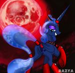  alternate_hairstyle blood_moon blue_eyes blue_fur blue_hair cutie_mark dark_mirror_universe equine eyeshadow female friendship_is_magic fur hair horn horse idw legwear looking_at_viewer looking_back makeup mammal moon my_little_pony necklace pony princess_luna_(idw) princess_luna_(mlp) razya smile solo standing stockings tail_wrap teeth underhoof winged_unicorn wings 