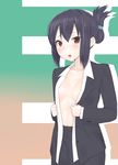  bad_id bad_pixiv_id black_hair blush breasts brown_eyes derivative_work folded_ponytail highres k-on! libre looking_at_viewer nakano_azusa no_bra open_clothes open_shirt parted_lips shirt short_hair small_breasts solo suit_jacket tied_hair 